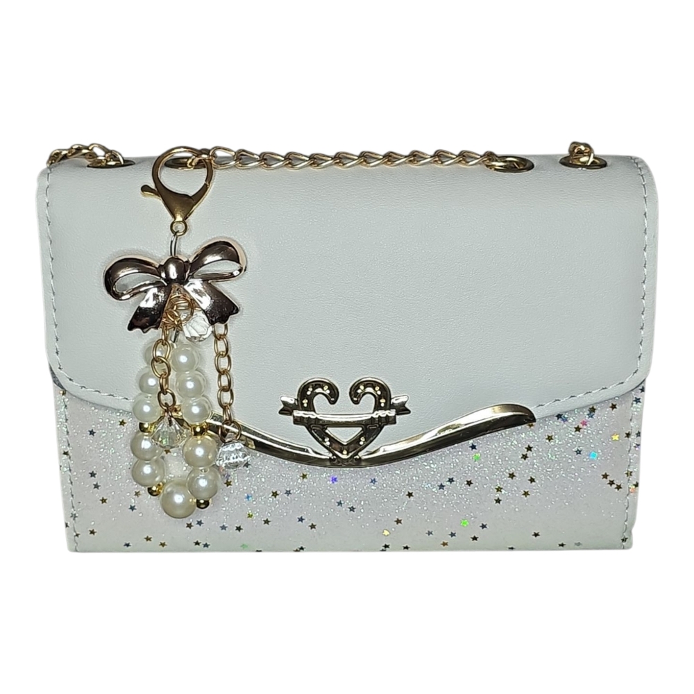 White and Gold Mini Bag with Chain Strap and Bow Charm